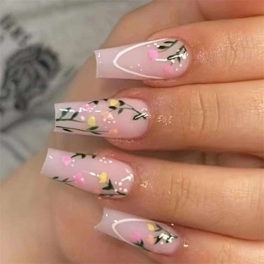 KIMLUD, 24Ps/Set Square Head Coffin Wearing False Nails Art Pink Matte French Fake Nails Leopard Artificial Acrylic White Press on Nails, KIMLUD Womens Clothes