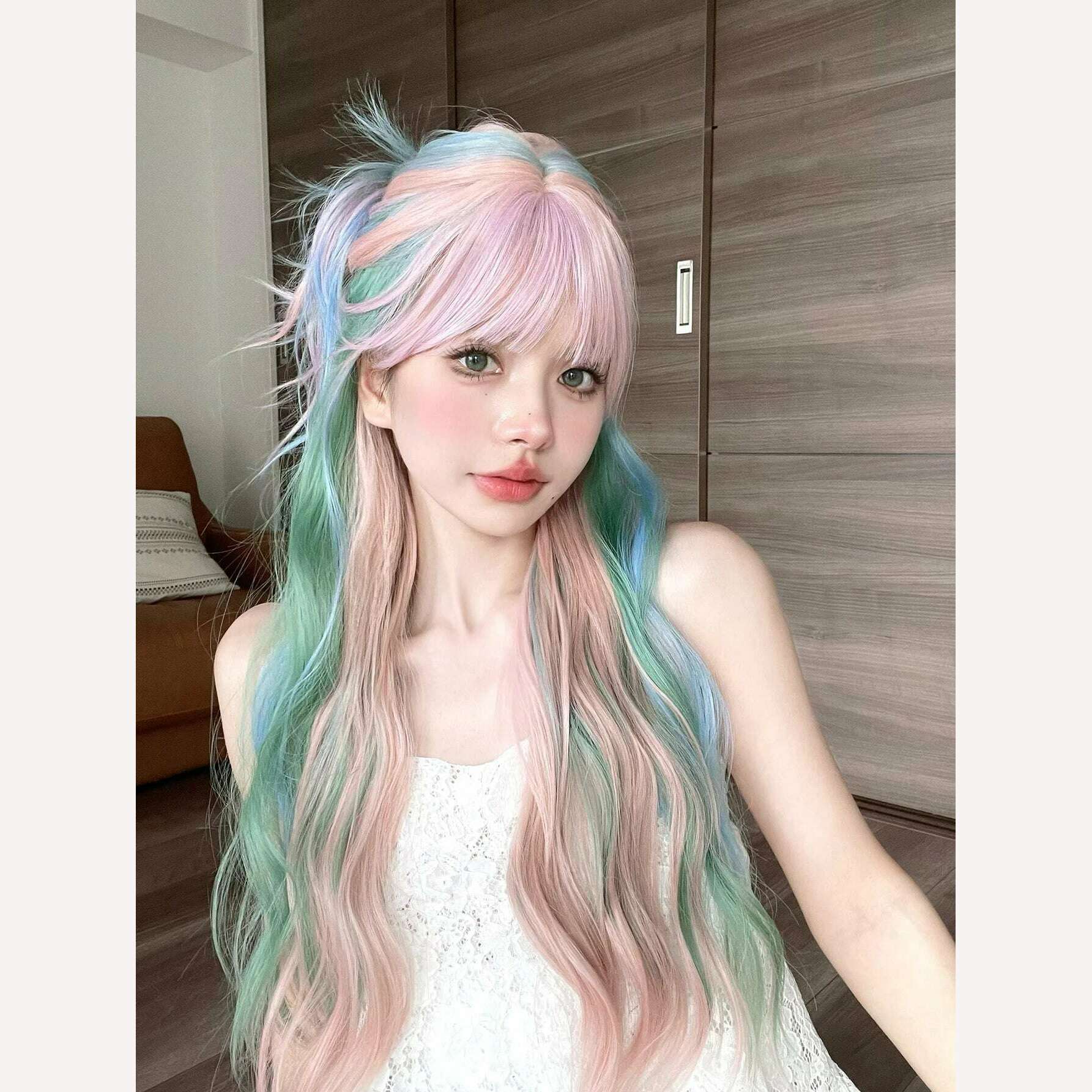 KIMLUD, 28Inch Iridescent Rainbow Color Multicolour Synthetic Wigs with Bang Long Natural Wavy Hair Wig for Women Cosplay Heat Resistant, KIMLUD Womens Clothes