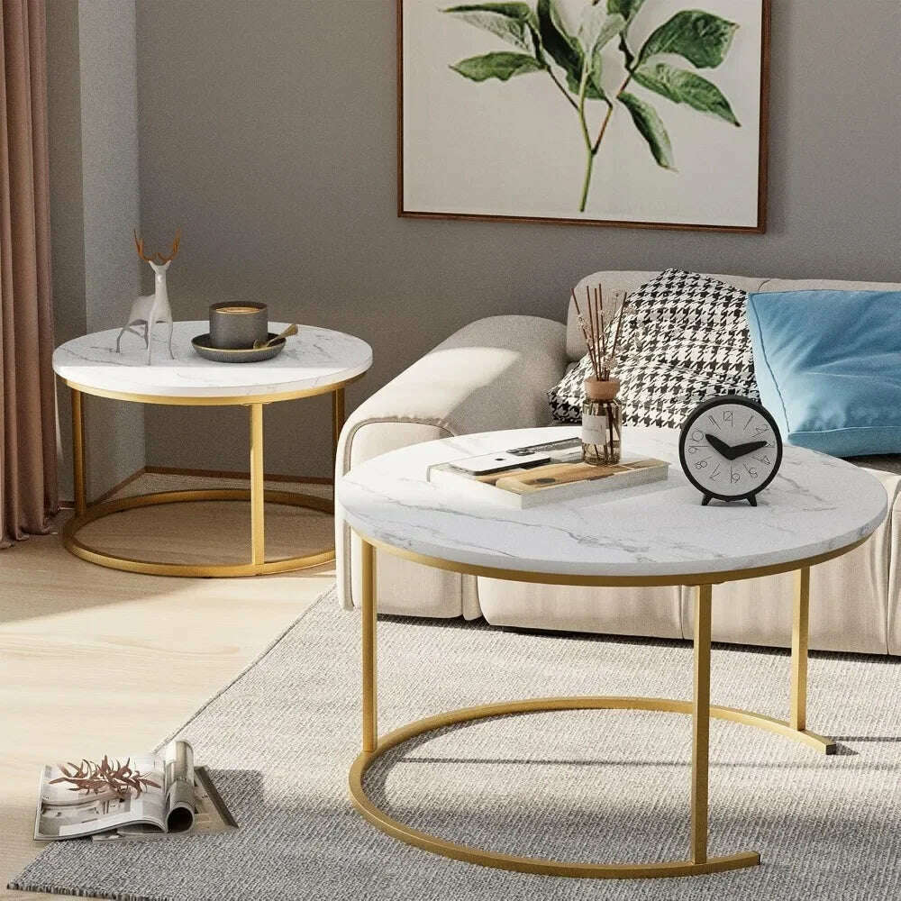 KIMLUD, 29.5" Nesting Coffee Table, Large White Faux Marble Gold Side Table Set of 2, Steel Frame Circular and Round Wooden Tables, KIMLUD Womens Clothes