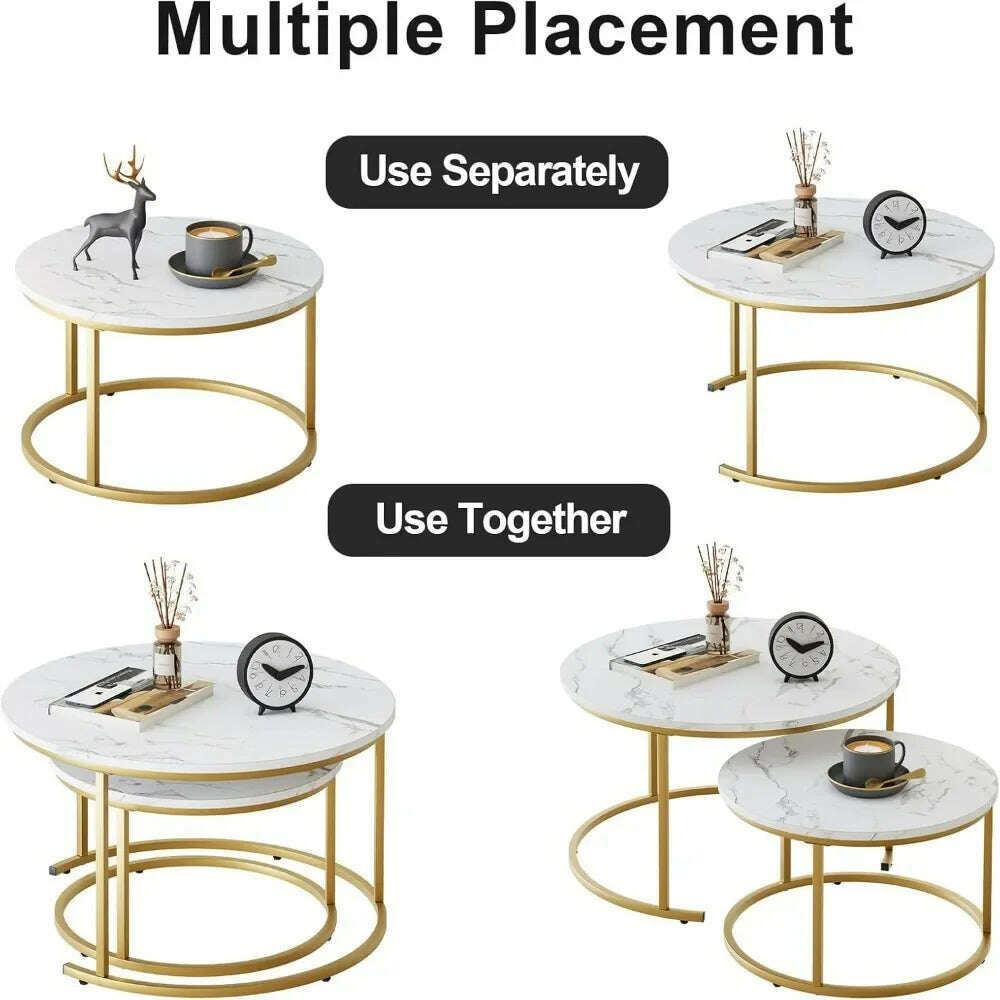 KIMLUD, 29.5" Nesting Coffee Table, Large White Faux Marble Gold Side Table Set of 2, Steel Frame Circular and Round Wooden Tables, KIMLUD Womens Clothes