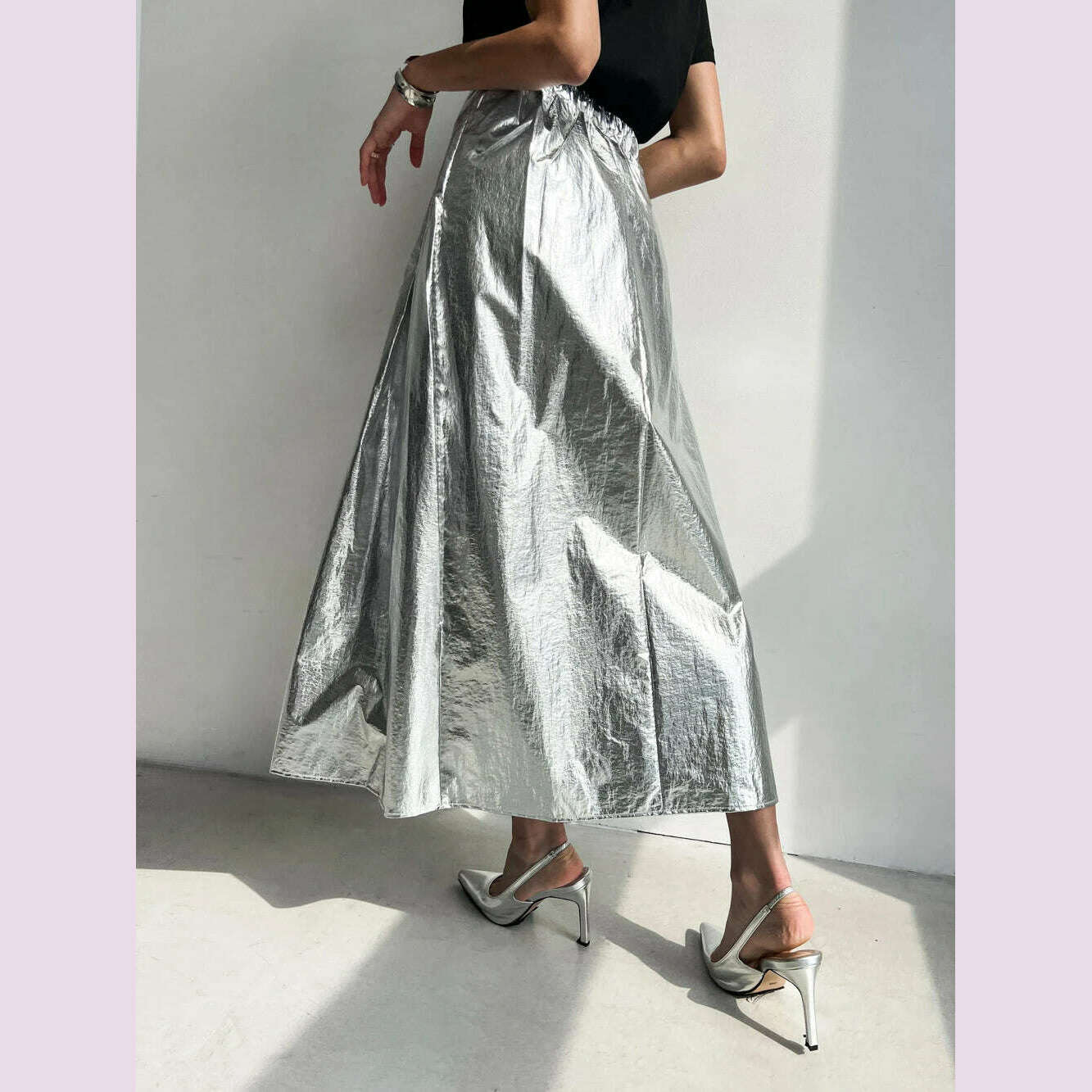 KIMLUD, 2Colors Women Summer Autumn Pleated Long Skirts For Womens Elastic High Waist Vintage Silver Skirt Female(w10051), KIMLUD Womens Clothes