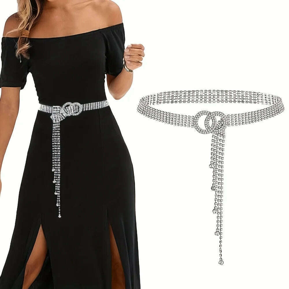 2O Elegant Rhinestone Waist Chain for Women - Sparkling Double O-Ring Y2K Dress Girdle Belt - KIMLUD