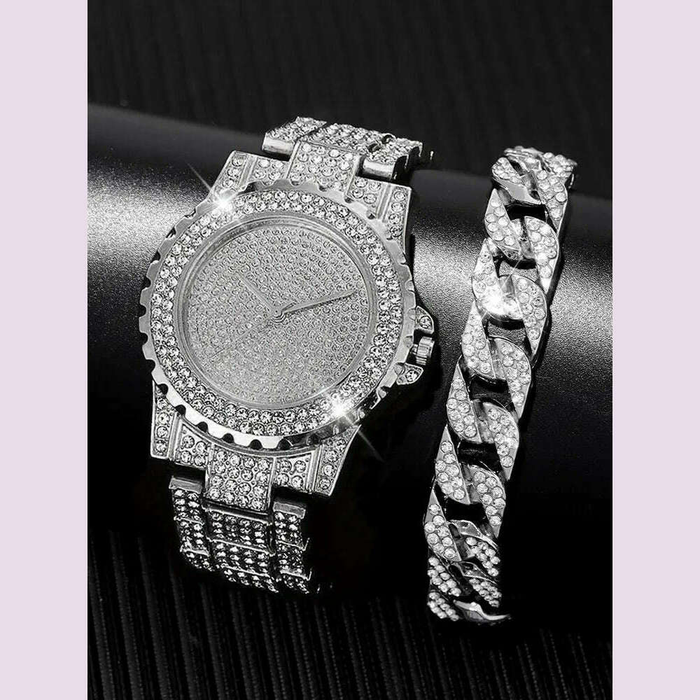 KIMLUD, 2pcs Stylish Shiny Full Diamond MEN'S Large Dial Steel Band Quartz Watch with Diamond Inlaid Chain Bracelet Set, KIMLUD Womens Clothes