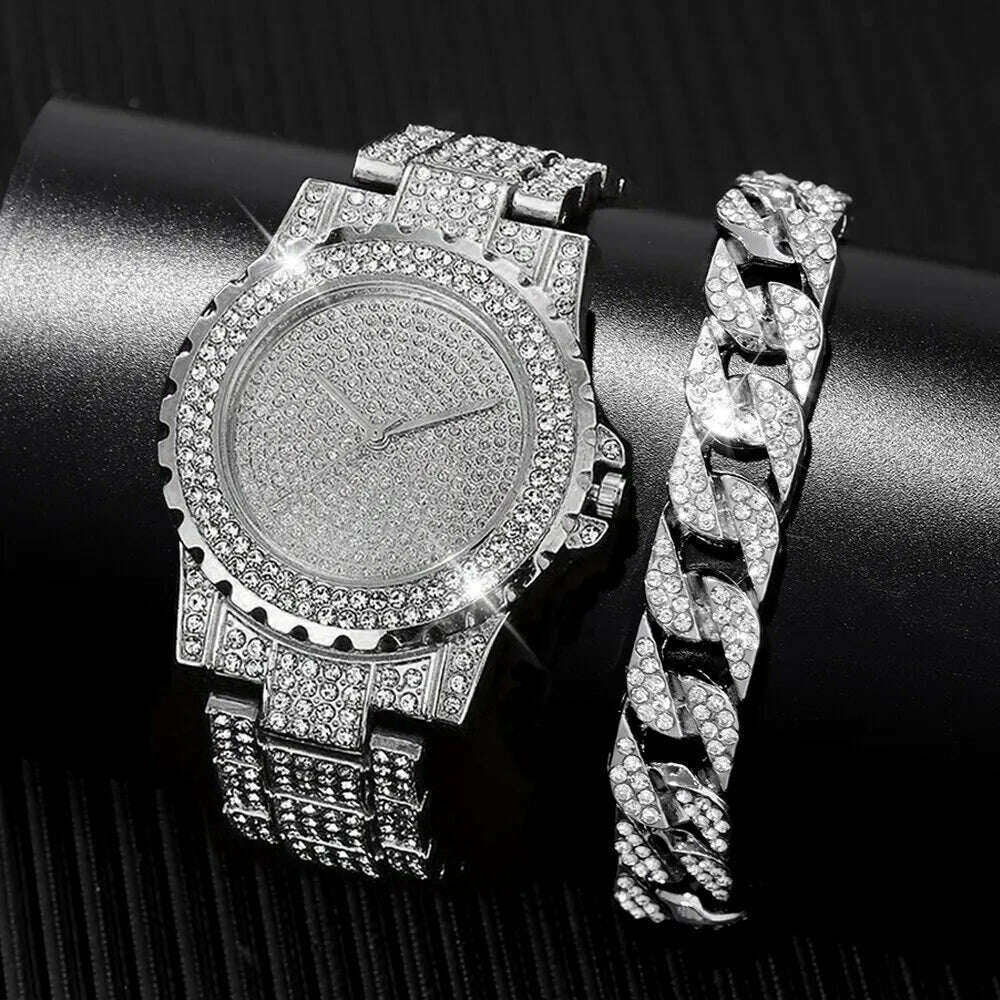 2pcs Stylish Shiny Full Diamond MEN'S Large Dial Steel Band Quartz Watch with Diamond Inlaid Chain Bracelet Set - KIMLUD