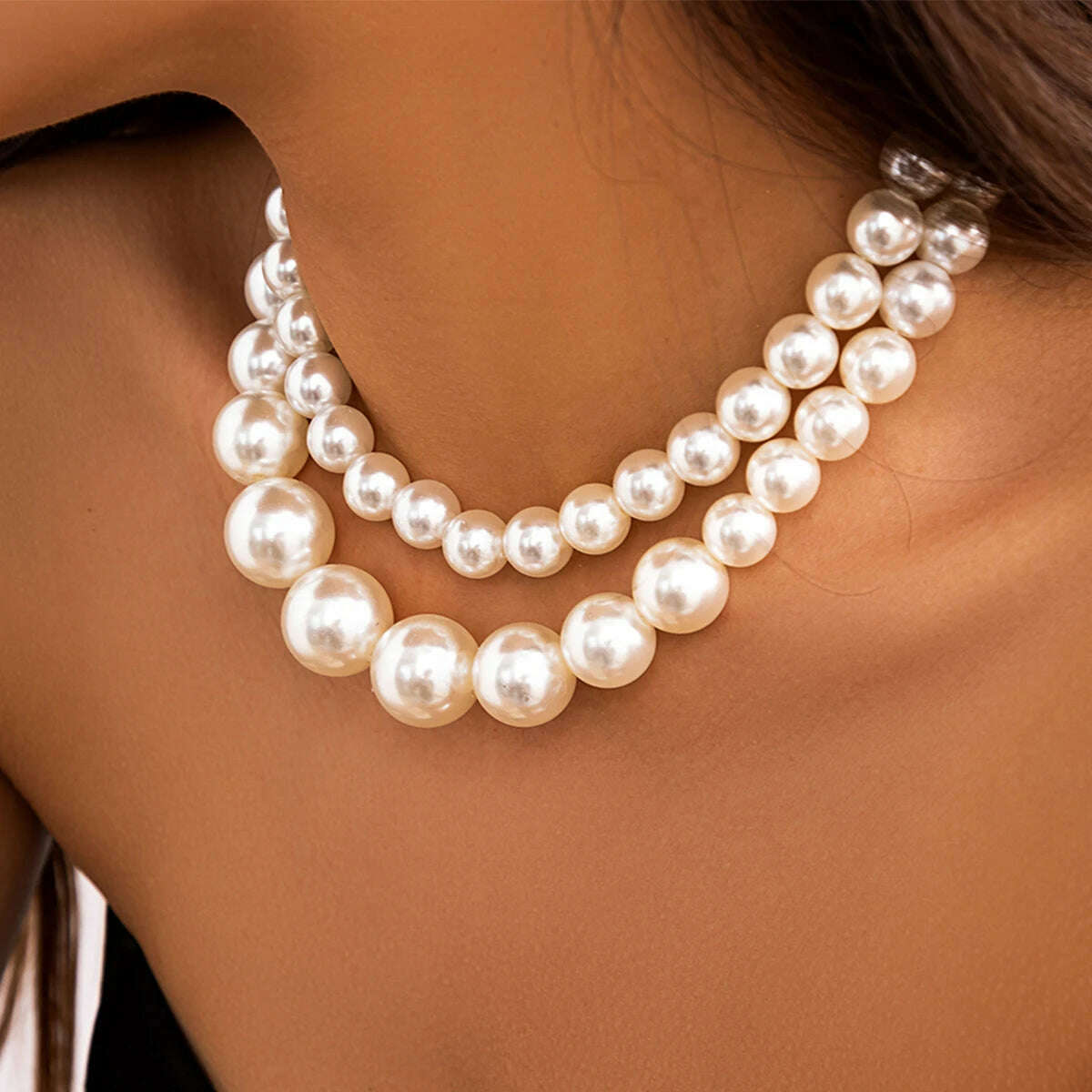 2Pcs/Set Luxury Elegant Big Imitation Pearl Choker Necklace for Women Exaggerated Multilayer Beaded Collar Chain Wedding Jewelry - KIMLUD