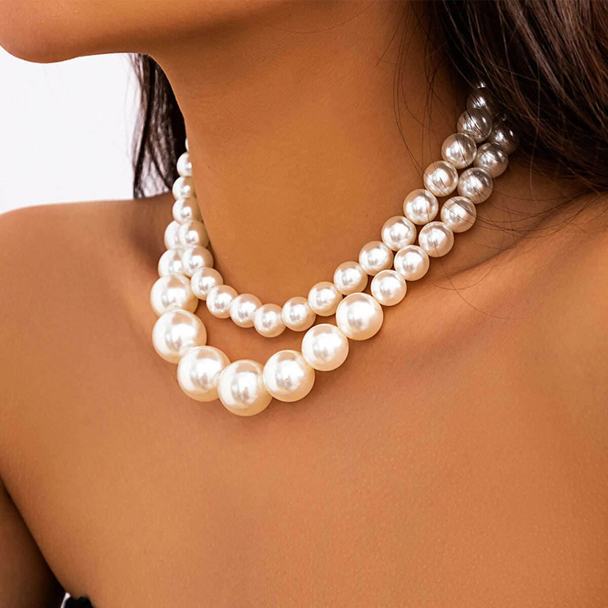 2Pcs/Set Luxury Elegant Big Imitation Pearl Choker Necklace for Women Exaggerated Multilayer Beaded Collar Chain Wedding Jewelry - KIMLUD