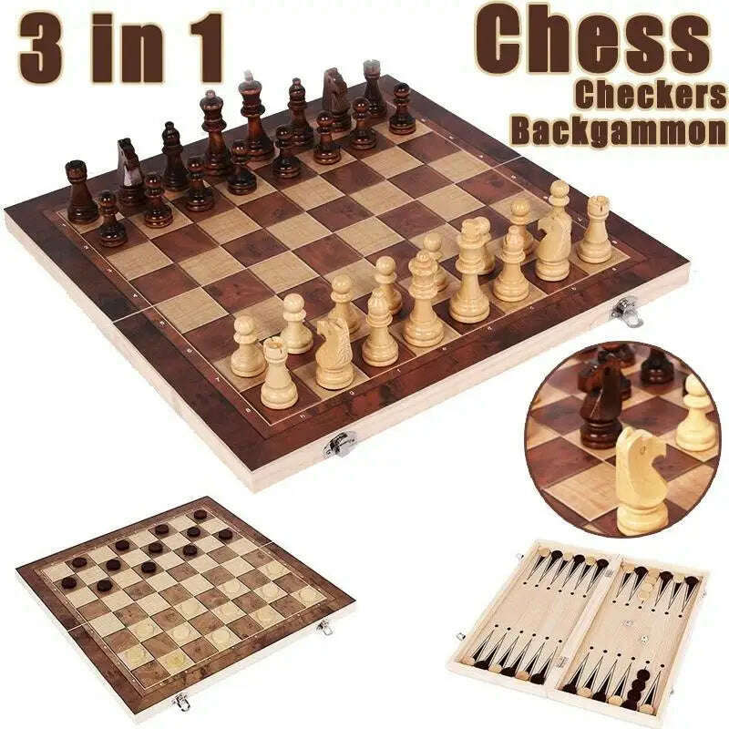 3 in 1 Chess Board, Folding Wooden Portable Chess Game Board, Wooden Chess Board for Adults(Chess + Checkers and Backgammon) - KIMLUD