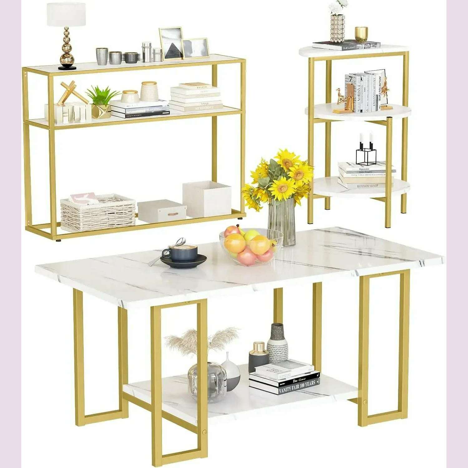 3 Pieces Modern Coffee Set, with End Table and Console Table, Contemporary Faux Marble Living Room Table Sets, White&Gold - KIMLUD