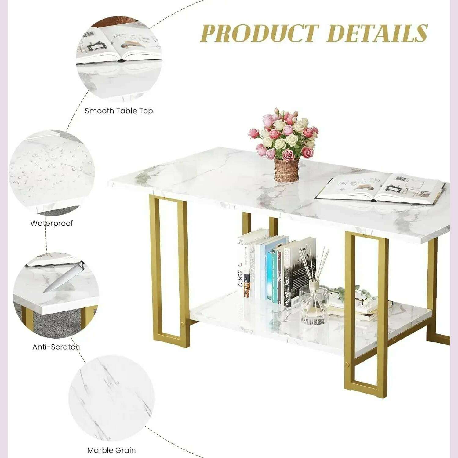 3 Pieces Modern Coffee Set, with End Table and Console Table, Contemporary Faux Marble Living Room Table Sets, White&Gold - KIMLUD