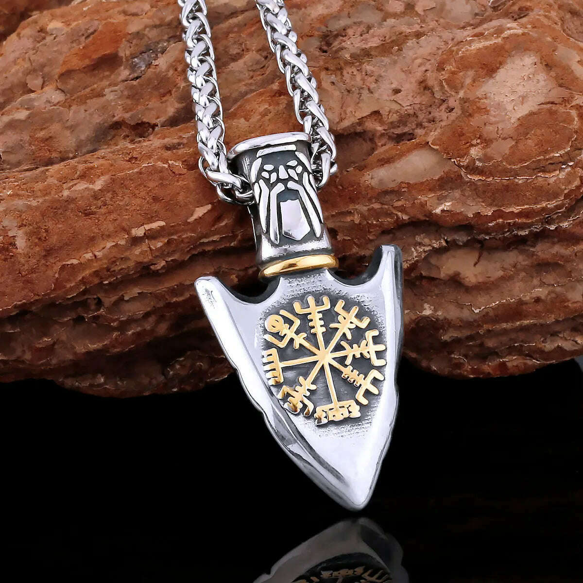 KIMLUD, 316L Stainless Steel Pendant Viking Rune Compass Necklace For Men With Curb Chain Male Spear Arrow Style Necklace Jewelry Gifts, KIMLUD Womens Clothes