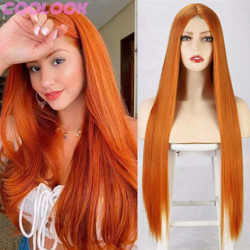 KIMLUD, 32 Inch Long Straight Ginger Wigs for Women Synthetic Orange Blonde Cosplay Wig Heat Resistant Red Pink Silver Gray Hair Wig 613, KIMLUD Womens Clothes