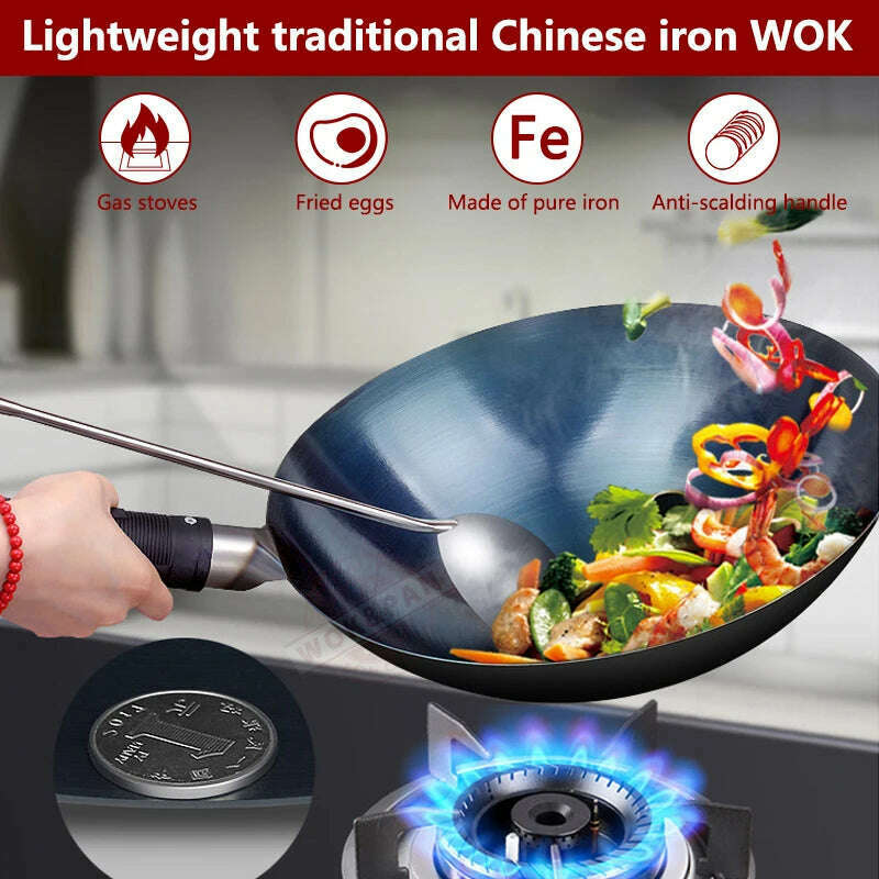 KIMLUD, 32/34cm Seasoning Blue Iron Wok Uncoated Nonstick Pot Lightweight Classic Chef Wok Outdoor Kitchen Cookware for Gas Stove, KIMLUD Womens Clothes