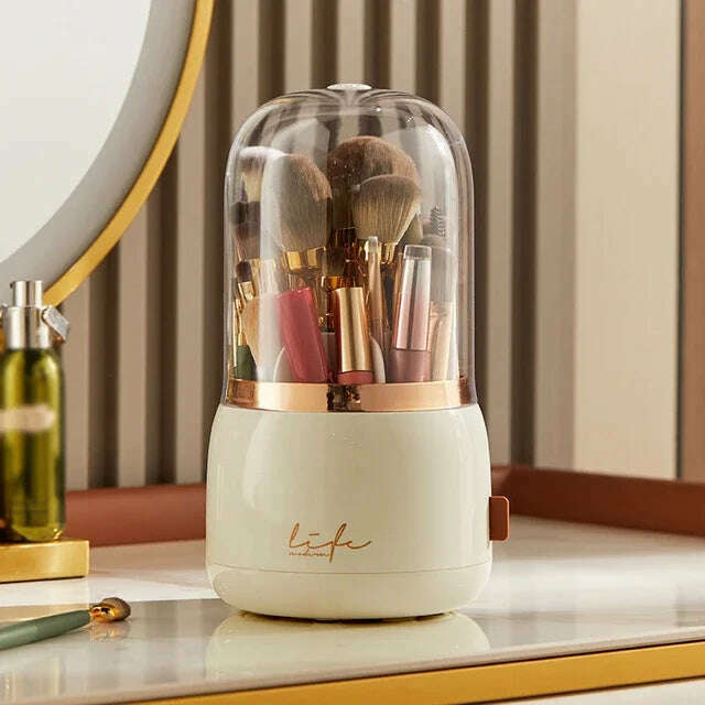 KIMLUD, 360° Rotating Makeup Brushes Holder Portable Desktop Makeup Organizer Cosmetic Storage Box Make Up Tools Jewelry Container, Beige, KIMLUD Womens Clothes