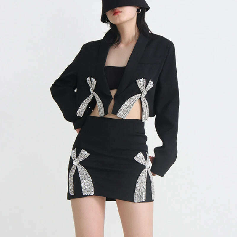 3D Bow Rhinestones Embellishment Suit Coat Diamonds Beaded Blazers Coat Crystal Cardigan + Short Bowtie A-Line Skirt 2pcs Set - KIMLUD