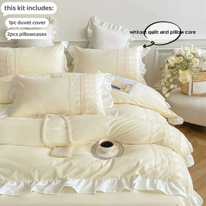 3pcs Princess style pillowcase set, duvet cover set with pillowcases, Lace bedding set, king and double, beige - KIMLUD