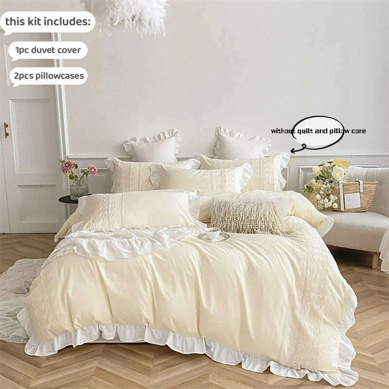 3pcs Princess style pillowcase set, duvet cover set with pillowcases, Lace bedding set, king and double, beige - KIMLUD