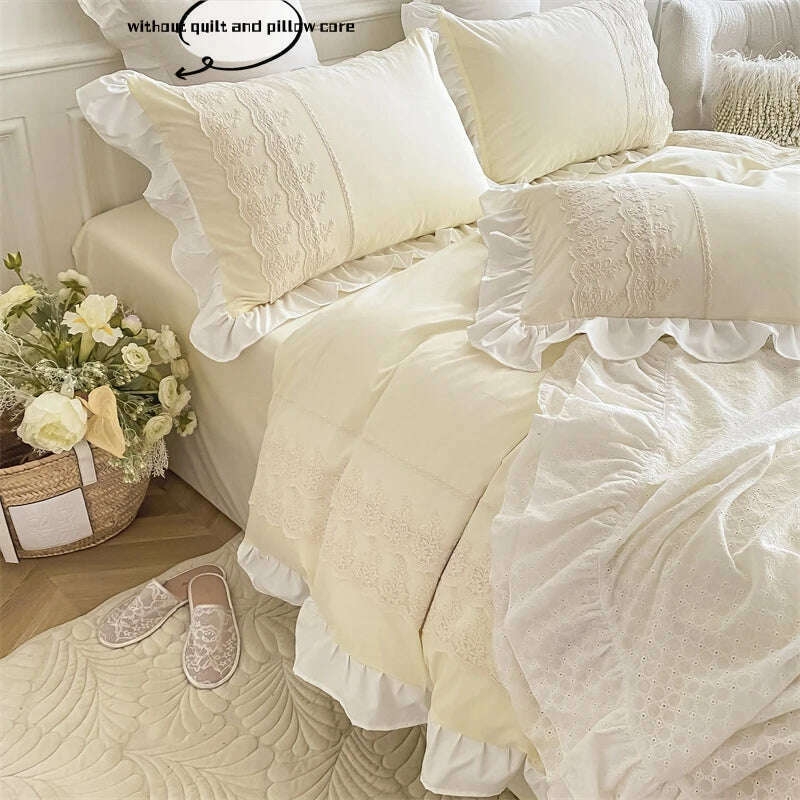 3pcs Princess style pillowcase set, duvet cover set with pillowcases, Lace bedding set, king and double, beige - KIMLUD