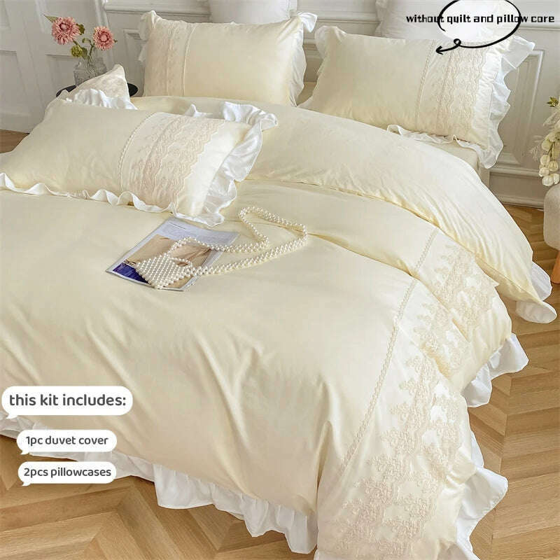 3pcs Princess style pillowcase set, duvet cover set with pillowcases, Lace bedding set, king and double, beige - KIMLUD