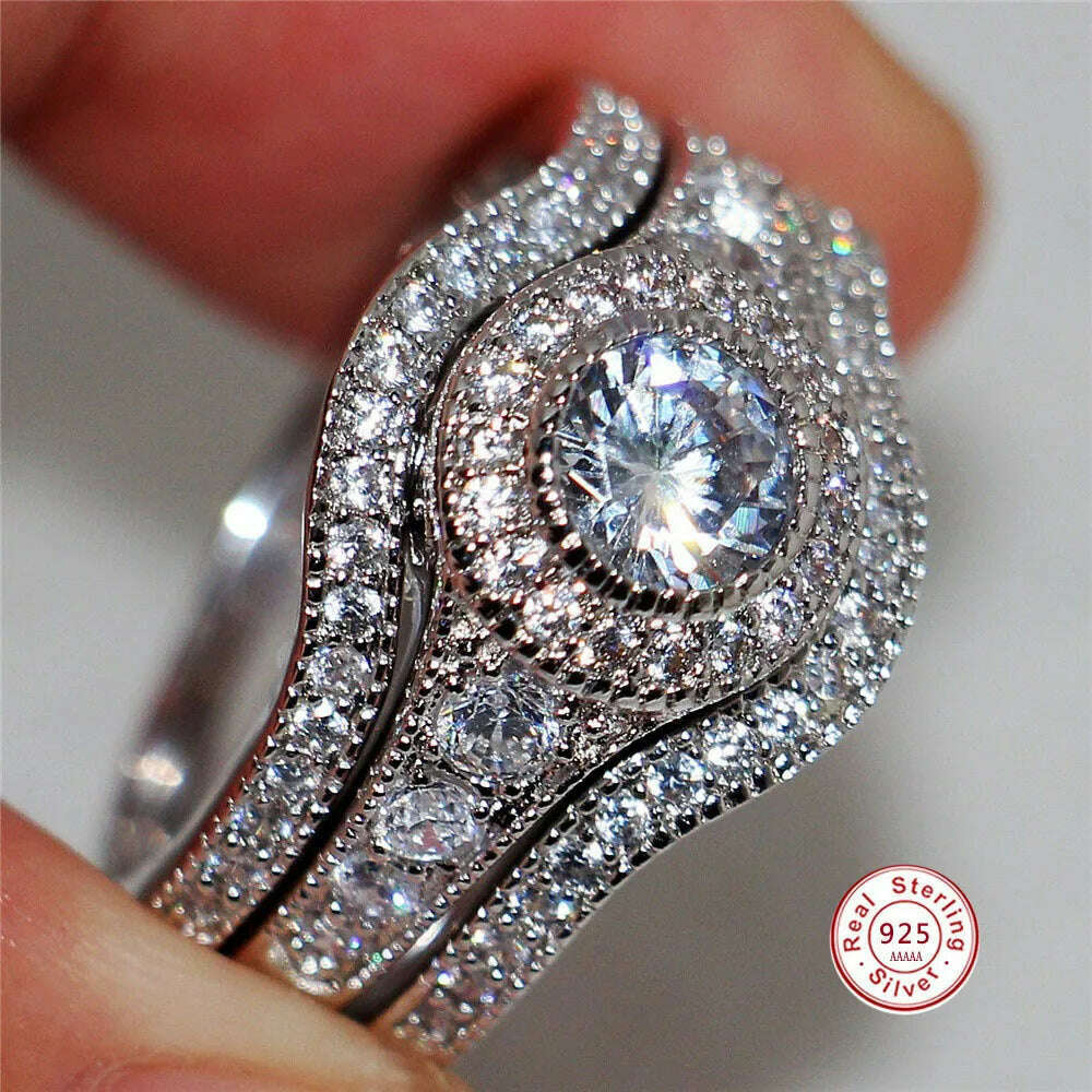 3Pcs/Set 2019 Luxury Round Cut AAA Zircon Crystal Rings For Women 925 Sterling Sliver Wedding Female Rings Set Jewelry - KIMLUD