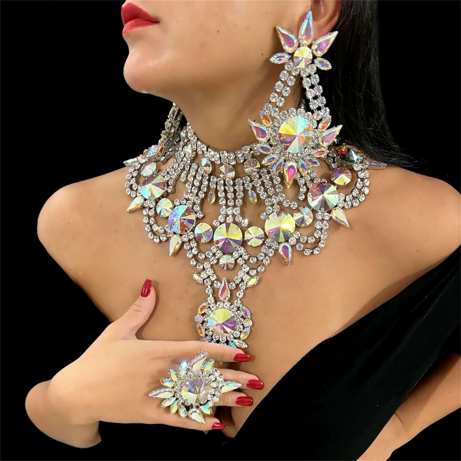 3ps New Shiny AB Crystal Necklace Earring Jewelry Set for Women's Fashion Bridal Wedding Party Rhinestone Jewelry Set - KIMLUD