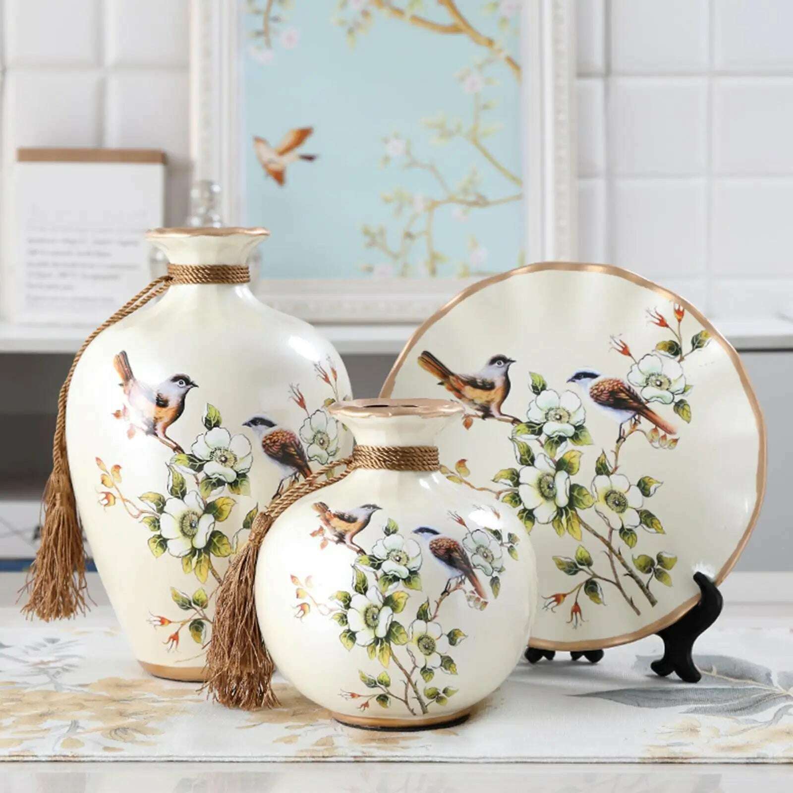 KIMLUD, 3x Chinese Style Ceramic Vases Bird Pattern Porcelain Vase for Farmhouse, KIMLUD Womens Clothes