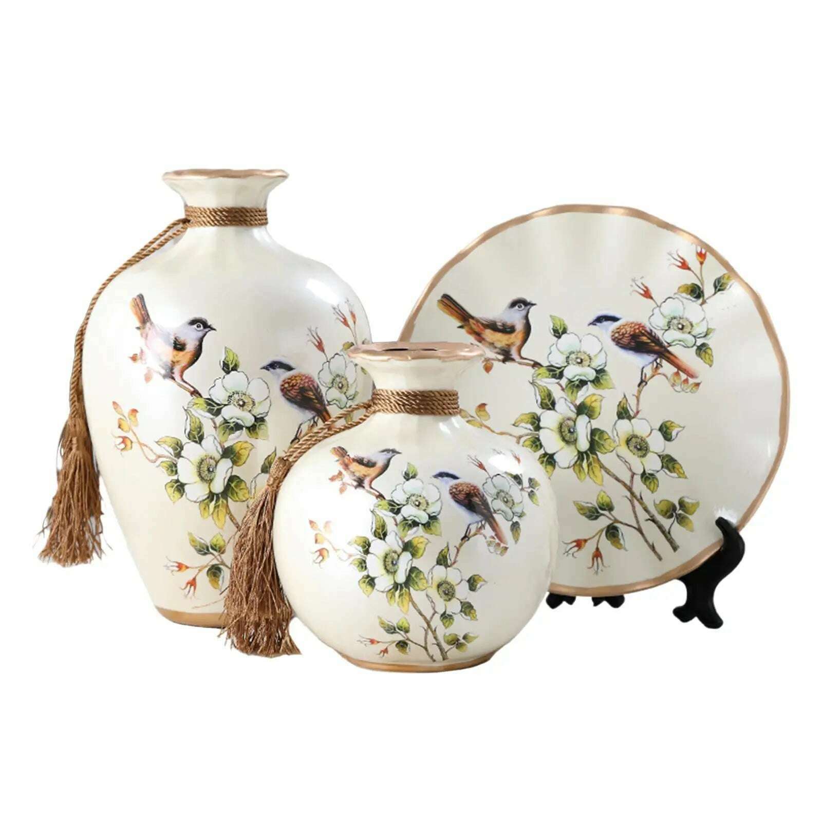 KIMLUD, 3x Chinese Style Ceramic Vases Bird Pattern Porcelain Vase for Farmhouse, KIMLUD Womens Clothes