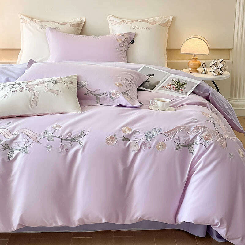 KIMLUD, 4 pieces Luxury cotton bed linen Embroidered comforter bedding set couple duvet Quilt cover set double sheets set Pillow case, VIOLET/紫罗兰 / 4pcs for 2m bed / Flat Bed Sheet, KIMLUD APPAREL - Womens Clothes