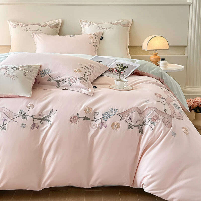 KIMLUD, 4 pieces Luxury cotton bed linen Embroidered comforter bedding set couple duvet Quilt cover set double sheets set Pillow case, Pink / 4pcs for 1.5m bed / Flat Bed Sheet, KIMLUD APPAREL - Womens Clothes