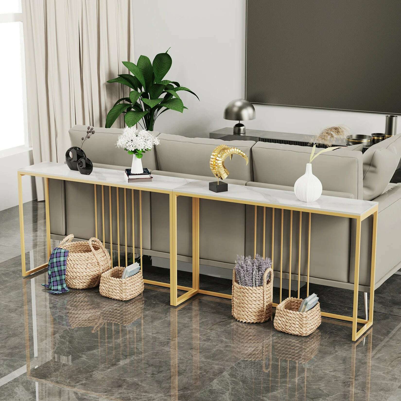 KIMLUD, 47.2" Extra Long Console Table Sintered Top Gold Metal Leg Sofa Table for Hallway Entryway, KIMLUD Womens Clothes