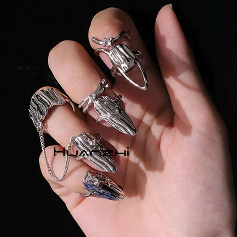 KIMLUD, 4Pcs/Set CyberPunk Metal Chain Alien Lava Zircon Decorate Nail Ring for Women Cool Girl Party Personality Y2K Jewelry HUANZHI, KIMLUD Womens Clothes