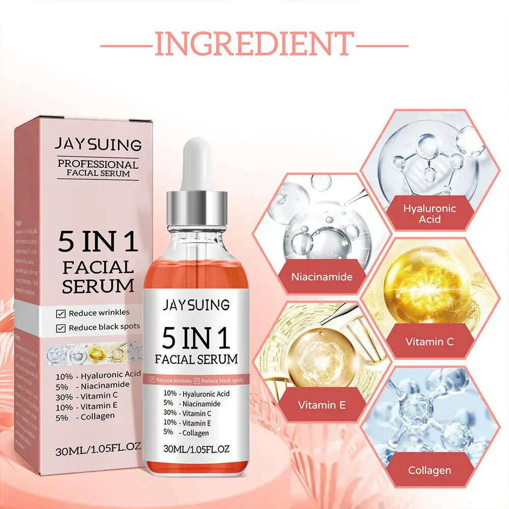 5 In 1 Fade fine lines Firming Face Serum Moisturizing brightning Vitamin C Hyaluronic Acid Facial Serum Shrink Pores Skin Care - KIMLUD