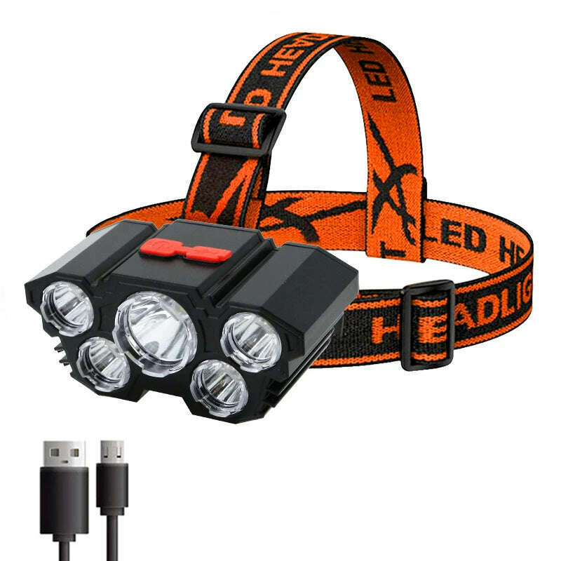 5 LED Flashlight Rechargeable with Built in Battery Strong Light Camping Adventure Fishing Head Light Headlamp - KIMLUD