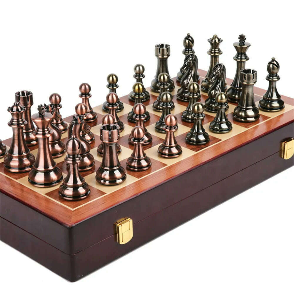 KIMLUD, 52x52cm High Grade Luxury Wooden Chess Board Games Bronze Metal Chess Pieces Set Folding Family Board For Children Checkerboard, KIMLUD Womens Clothes