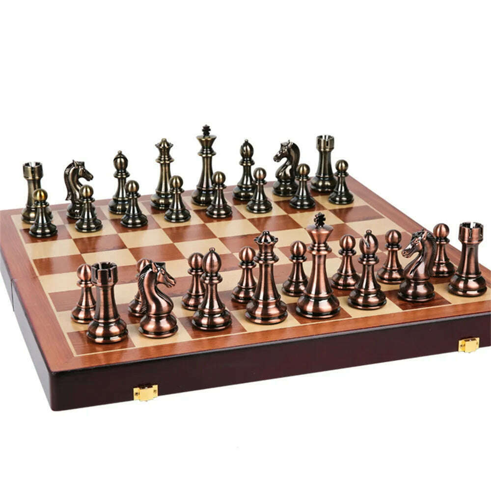 KIMLUD, 52x52cm High Grade Luxury Wooden Chess Board Games Bronze Metal Chess Pieces Set Folding Family Board For Children Checkerboard, KIMLUD Womens Clothes