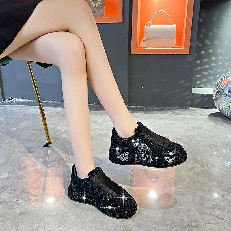 KIMLUD, 5CM Spring Autumn Genuine Leather Women Shoes Style Fashion Platform Shoes Platforms Sneakers Tide Shine Bling Rhinestone Shoes, KIMLUD Womens Clothes