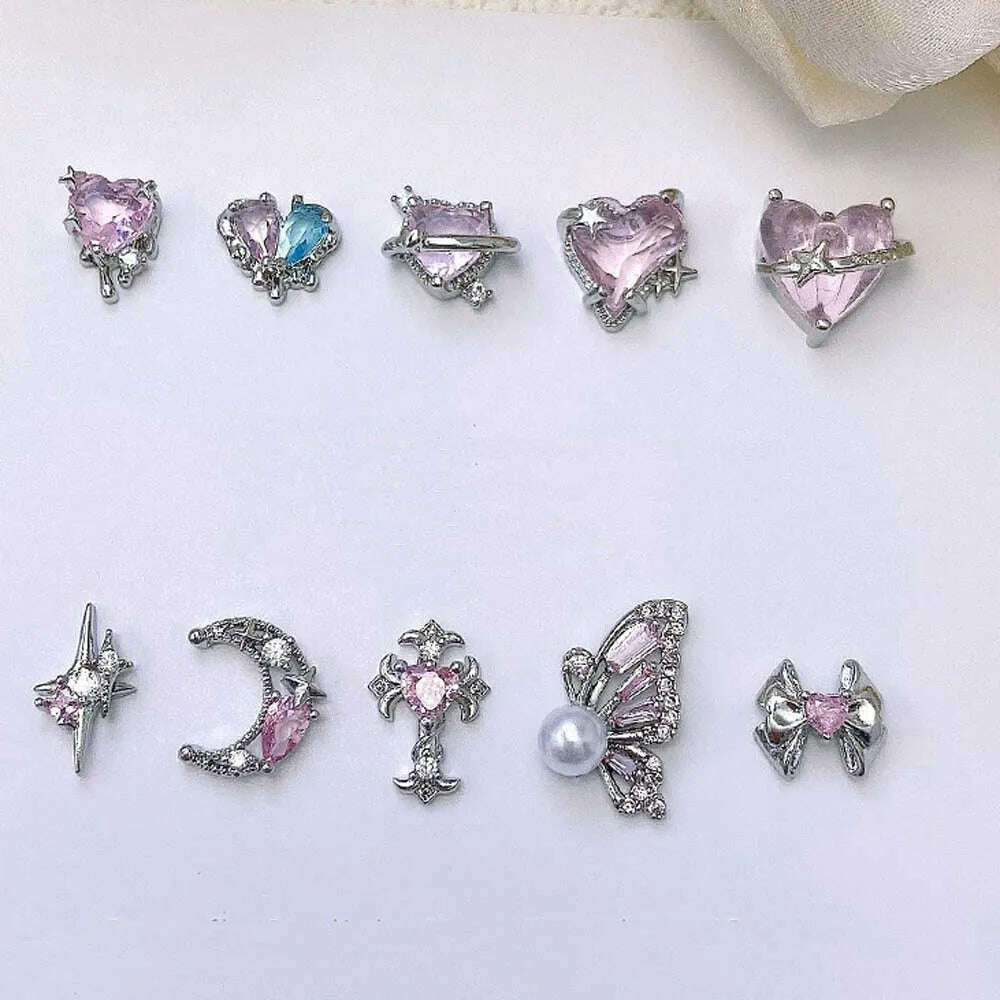 KIMLUD, 5pcs Pink Zircon Alloy Love Nail Art Charm 3D Bow Heart Moon Butterfly Planet Nail Decoration DIY Simple Design Nail Accessories, KIMLUD Womens Clothes