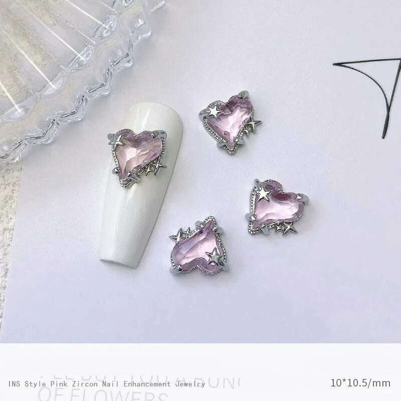 KIMLUD, 5pcs Pink Zircon Alloy Love Nail Art Charm 3D Bow Heart Moon Butterfly Planet Nail Decoration DIY Simple Design Nail Accessories, 5pcs zircon, KIMLUD APPAREL - Womens Clothes