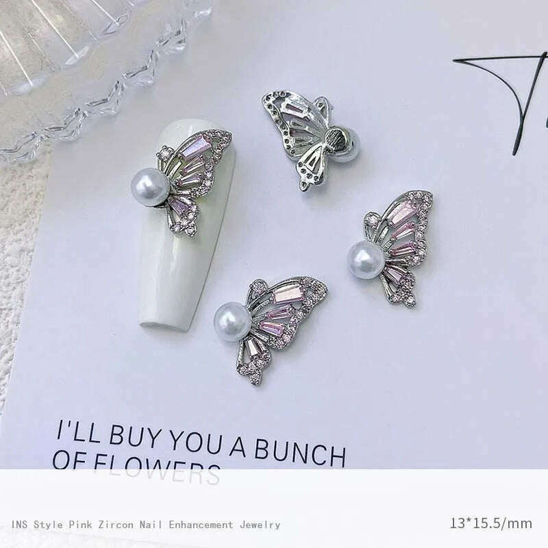 KIMLUD, 5pcs Pink Zircon Alloy Love Nail Art Charm 3D Bow Heart Moon Butterfly Planet Nail Decoration DIY Simple Design Nail Accessories, 5pcs zircon 3, KIMLUD APPAREL - Womens Clothes