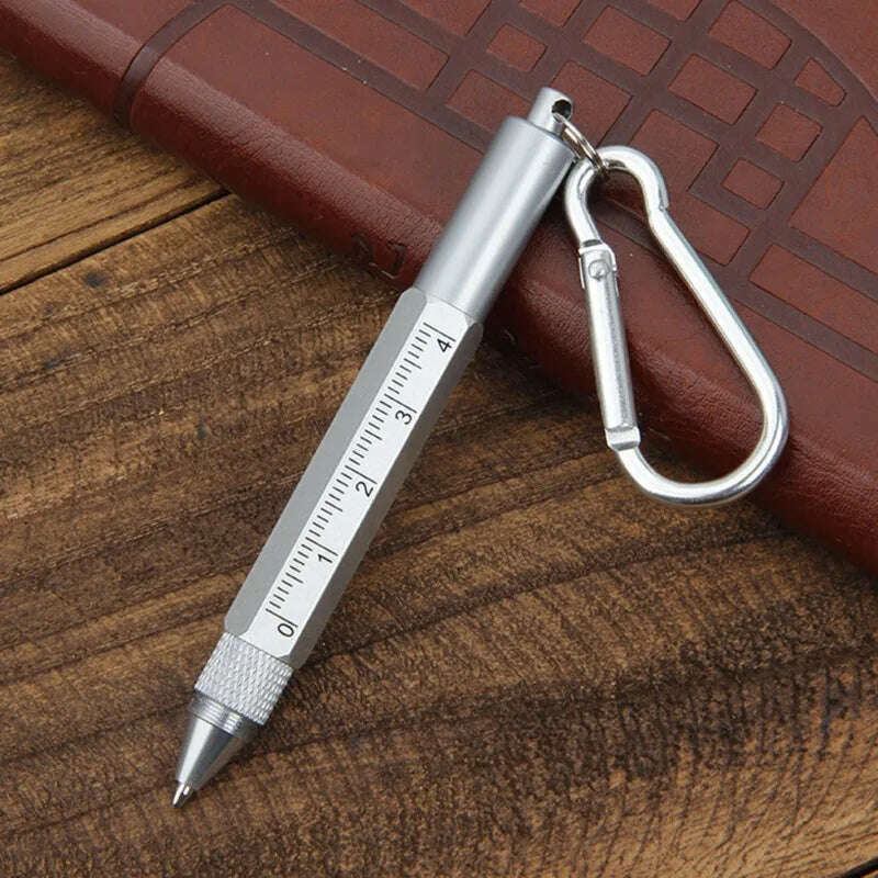 KIMLUD, 6 In 1 Tool Pens Small Ballpoint Rotating Metal Pens Screwdriver Hexagonal Touch Screen Carabiner Scale Keychain Writing Tools, Silver / United States, KIMLUD Womens Clothes