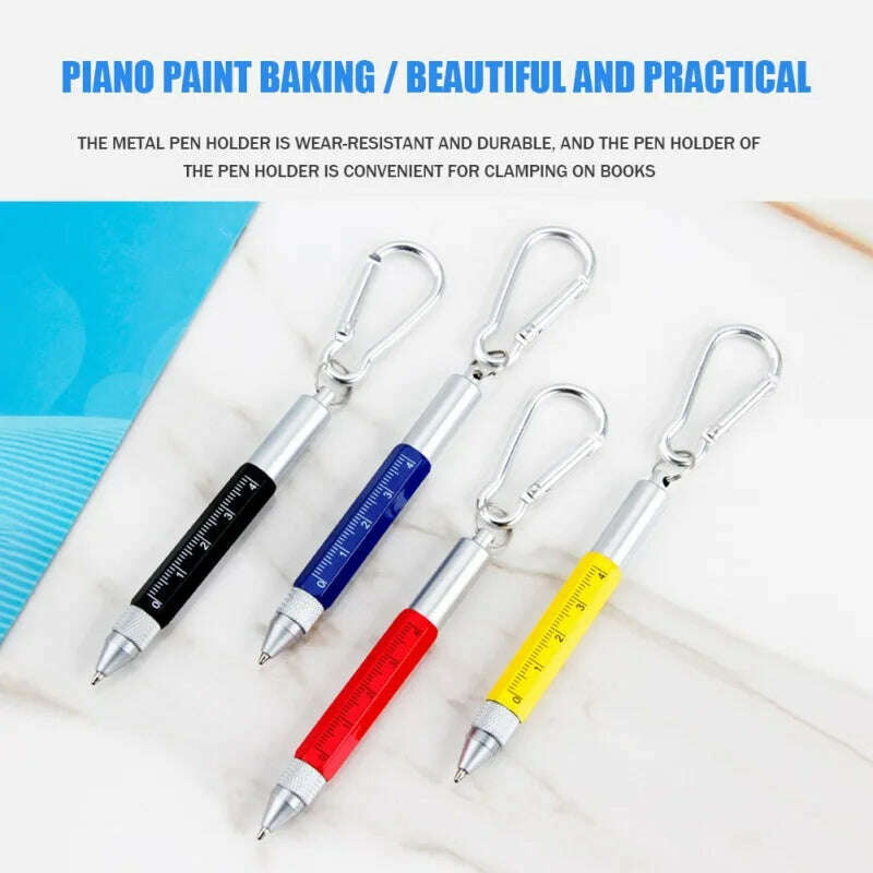 6 In 1 Tool Pens Small Ballpoint Rotating Metal Pens Screwdriver Hexagonal Touch Screen Carabiner Scale Keychain Writing Tools - KIMLUD