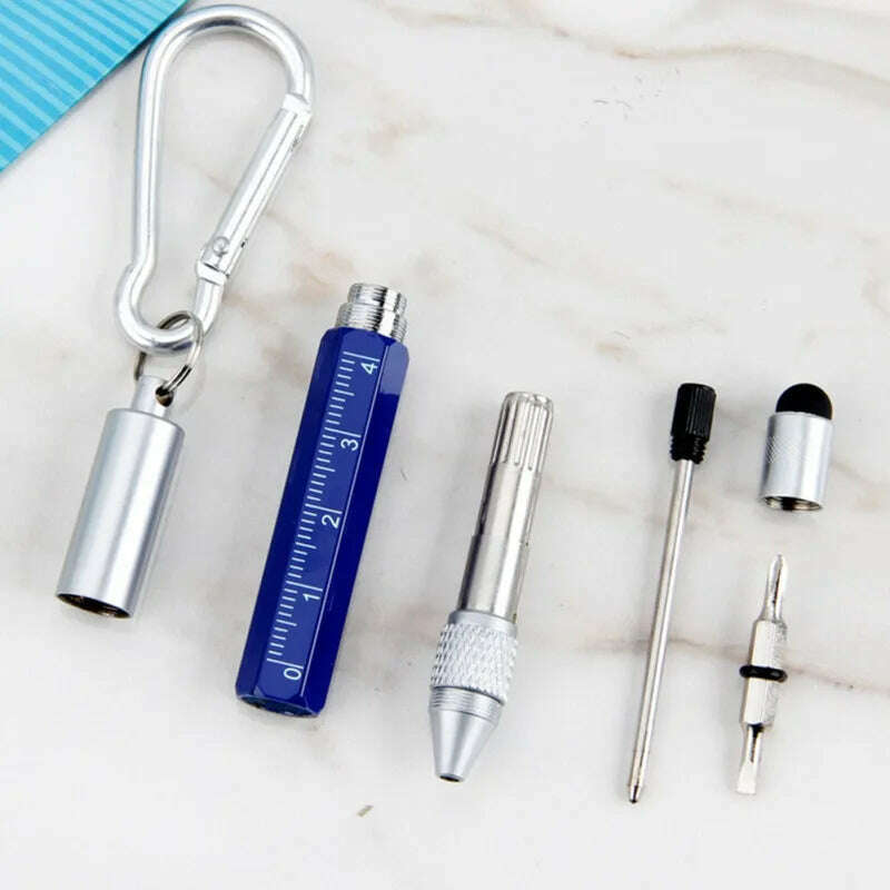 6 In 1 Tool Pens Small Ballpoint Rotating Metal Pens Screwdriver Hexagonal Touch Screen Carabiner Scale Keychain Writing Tools - KIMLUD