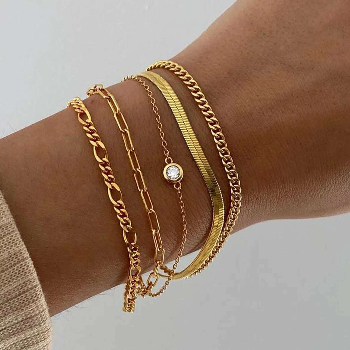 KIMLUD, 6 Piece Set Gold Color Luxury Bracelets for Women Zircon Shiny Simple Unisex Charm Chain Bracelet Punk Bangle Fashion Jewelry, KIMLUD Womens Clothes