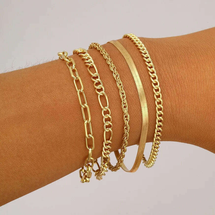 KIMLUD, 6 Piece Set Gold Color Luxury Bracelets for Women Zircon Shiny Simple Unisex Charm Chain Bracelet Punk Bangle Fashion Jewelry, KIMLUD Womens Clothes