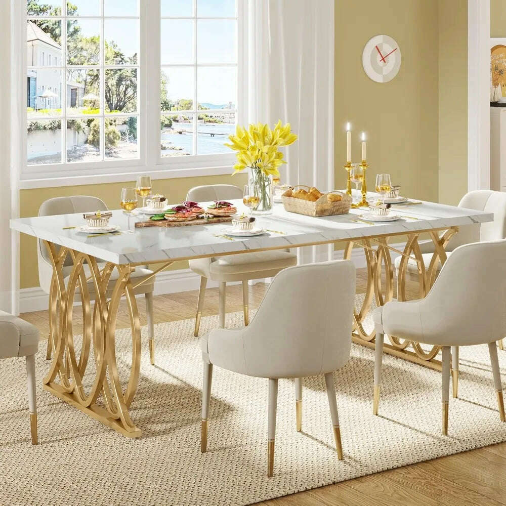 63-inch kitchen table seating 4-6 people, rectangular dining table, faux marble top and geometric legs - KIMLUD