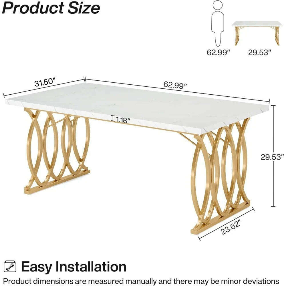 KIMLUD, 63-inch kitchen table seating 4-6 people, rectangular dining table, faux marble top and geometric legs, KIMLUD Womens Clothes