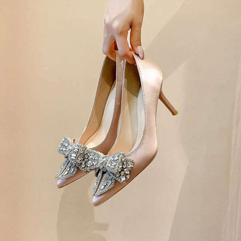 KIMLUD, 6cm New Fashion Satin Pointed Toe with Rhinestone Bow Sexy High Heels Banquet Party Women Shoes 41 42 43, KIMLUD Womens Clothes