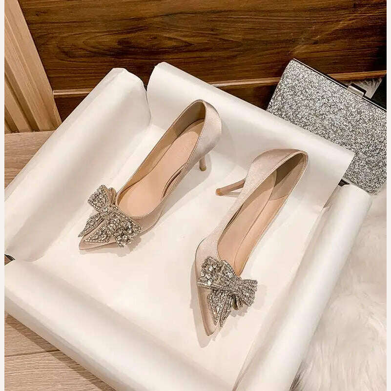 KIMLUD, 6cm New Fashion Satin Pointed Toe with Rhinestone Bow Sexy High Heels Banquet Party Women Shoes 41 42 43, champagne 6cm / 31(2.5), KIMLUD Womens Clothes