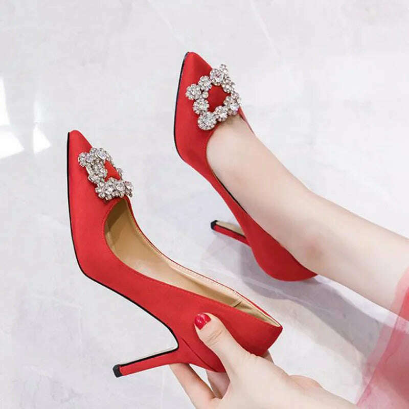 KIMLUD, 6cm New Fashion Satin Pointed Toe with Rhinestone Bow Sexy High Heels Banquet Party Women Shoes 41 42 43, KIMLUD Womens Clothes