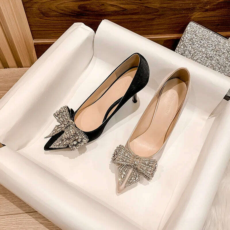 KIMLUD, 6cm New Fashion Satin Pointed Toe with Rhinestone Bow Sexy High Heels Banquet Party Women Shoes 41 42 43, KIMLUD Womens Clothes