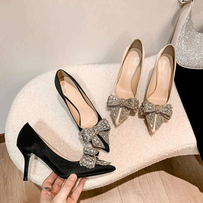 KIMLUD, 6cm New Fashion Satin Pointed Toe with Rhinestone Bow Sexy High Heels Banquet Party Women Shoes 41 42 43, KIMLUD Womens Clothes